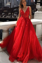 Red A Line Tulle With Appliques V Neck Long Prom Dresses GJS641