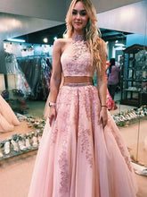 A-line High Neck Pink Tulle Appliques Two Piece Prom Dress JKQ104