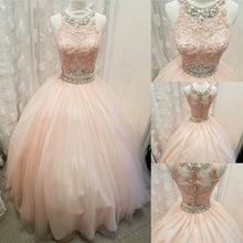 Elegant Lace Crop Top Pink Tulle Ball Gown Quinceanera Dresses Two Piece GJS396