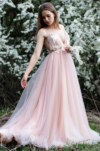 Romantic Spaghetti Straps Long Formal Dress with Handmade Flowers AN635