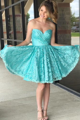 Ruched Sweetheart Lace Tiffany Blue Homecoming Dresses Short ANN5501
