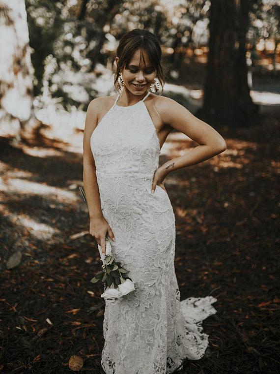 Sexy Backless Sheath Rustic Lace Wedding Dresses Halter Beach Wedding Anna PromDress Sexy Backless Sheath Rustic Lace Wedding Dresses Halter Beach Wedding Anna PromDress
