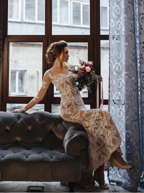 Sexy Nude Mermaid Wedding Dresses Long Sleeve Ivory Lace Rustic Weddin Anna PromDress Sexy Nude Mermaid Wedding Dresses Long Sleeve Ivory Lace Rustic Weddin Anna PromDress