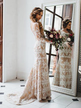 Sexy Nude Mermaid Wedding Dresses Long Sleeve Ivory Lace Rustic Wedding Dress NA2008