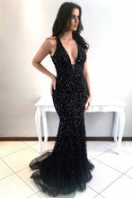 Sexy V-neckline Sequin Black Prom Dress with Rhinestones Bodice Evening Gown ANN2408