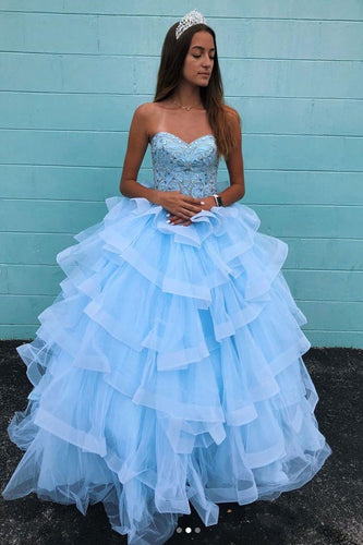 Ball Gown Spaghetti Straps Sky Blue Tulle Beaded Long Prom/Evening Dress  ANN2403