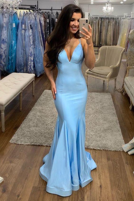 Spaghetti Straps Sky Blue Mermaid Prom Dresses with Deep V-neckline ANN2401