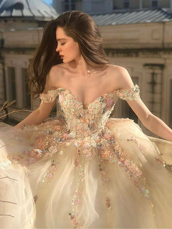 A Line Tulle Half Sleeves Hand Made Flower Off the Shoulder Prom Dresses LBQ3374 main image 1