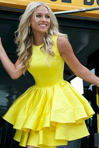 Tiered Skirt Yellow Homecoming Dresses Short Satin Gown ANN5506