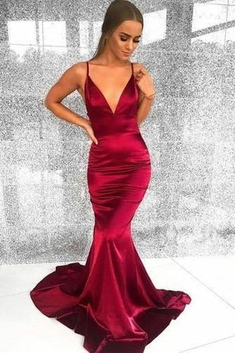 Sexy Spaghetti Straps V Neck Burgundy Long Mermaid Prom Dress ANN2409