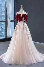 Vintage Red Straps Tulle Formal Dress, Elegant Applique Prom Dress GJS191
