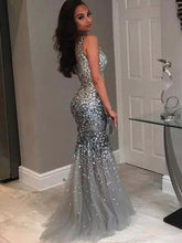 Silver Mermaid Jewel Sleeveless Floor-Length Sequin Tulle Dresses GJS150