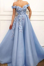 Blue Satin A-line Off-the-shoulder Lace Sweetheart 3D Flowers Prom Dresses GJS207